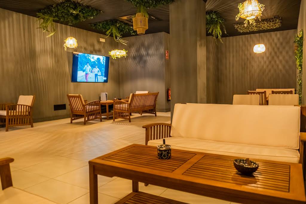 Gemütliche Medienecke im Cannabis Social Club Shambala in Valencia mit Naturdekor